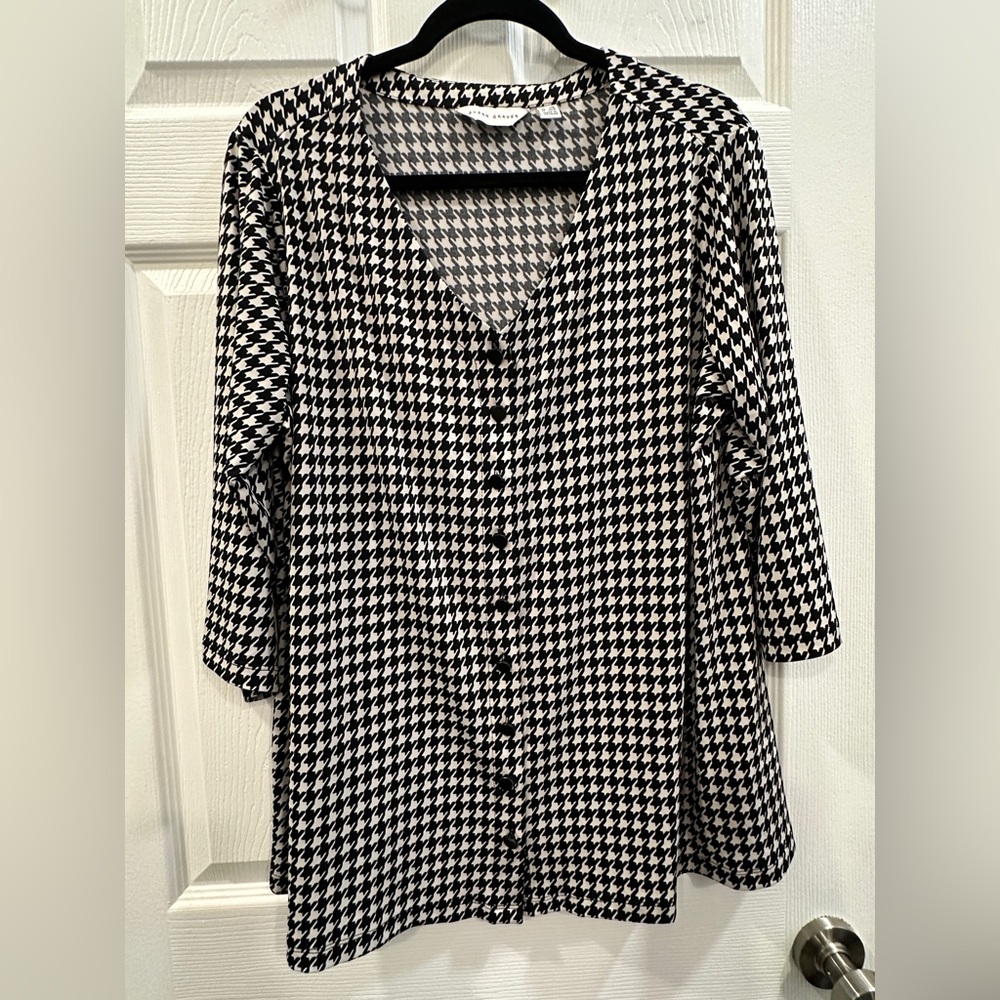 susan graver houndstooth button up liquid knit 3/4 sleeve blouse size 1XP EUC